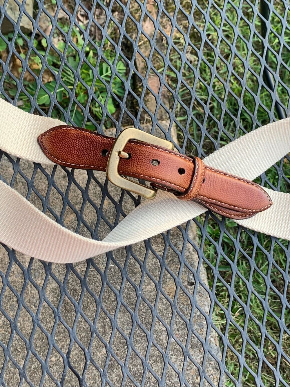 Vintage Martin Dingman Cream Canvas and Tan leather belt with brass buckle